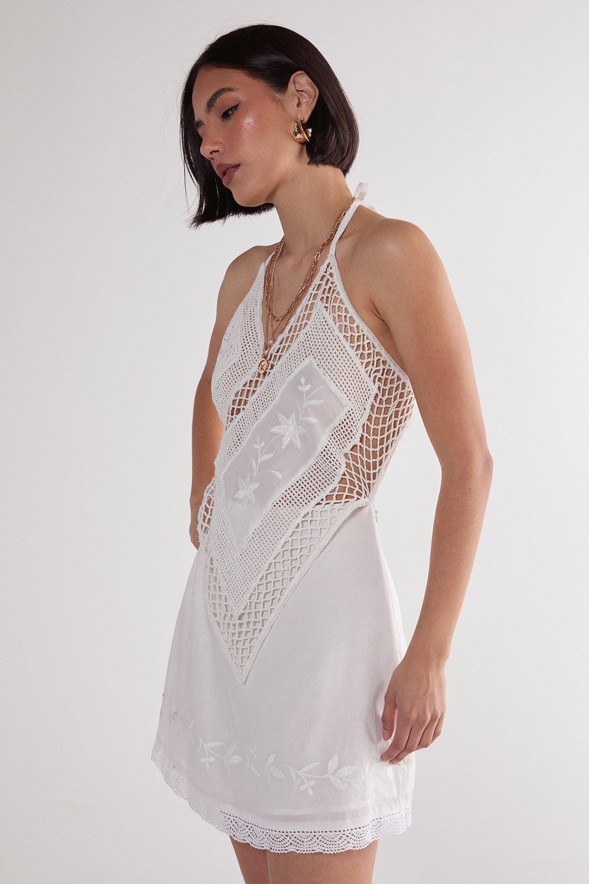 Cotton Embroidered Crochet Mix Layered Mini Dress Product Image