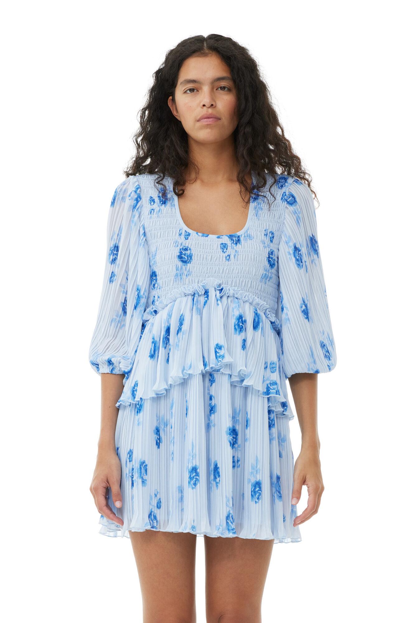 Blue Pleated Georgette Flounce Smock Mini Dress Product Image