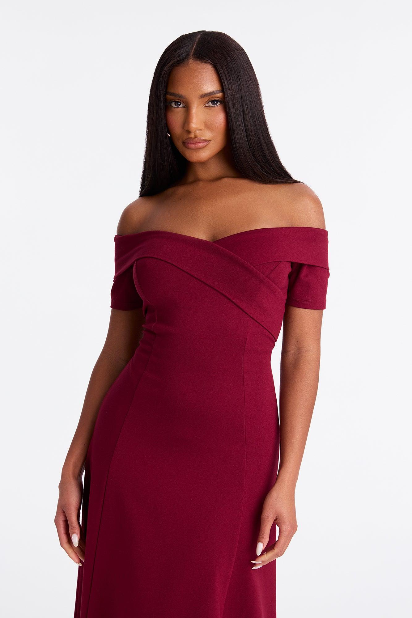 Addison Short Sleeve Ponte Midi Dress - Wine Female Product Image