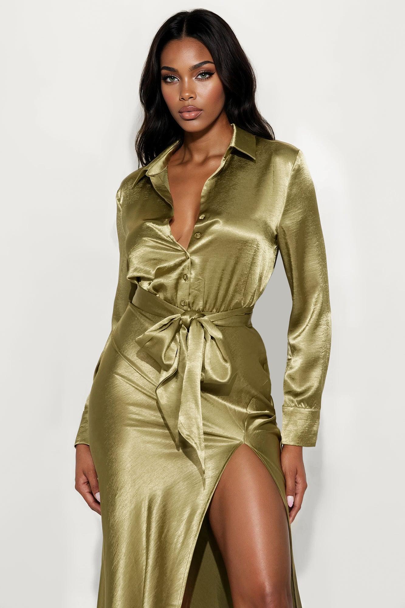 Kendall Satin Maxi Shirt Dress - Green Female Product Image