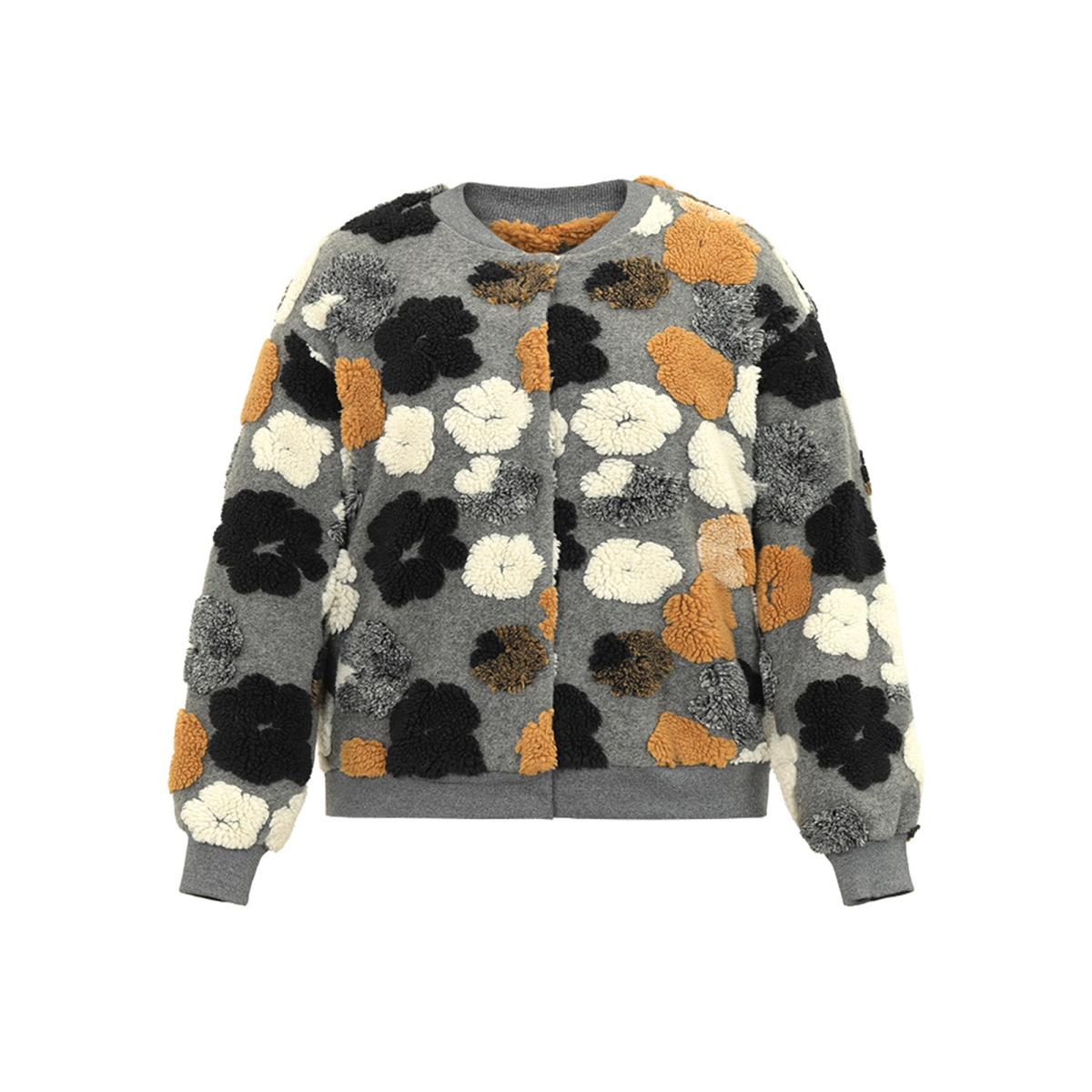 Plus Size Floral Contrast Button Up Jacquard Fluffy Jacket Women Gray Elastic cuffs Pocket Dailywear Jackets BloomChic 12/L Product Image