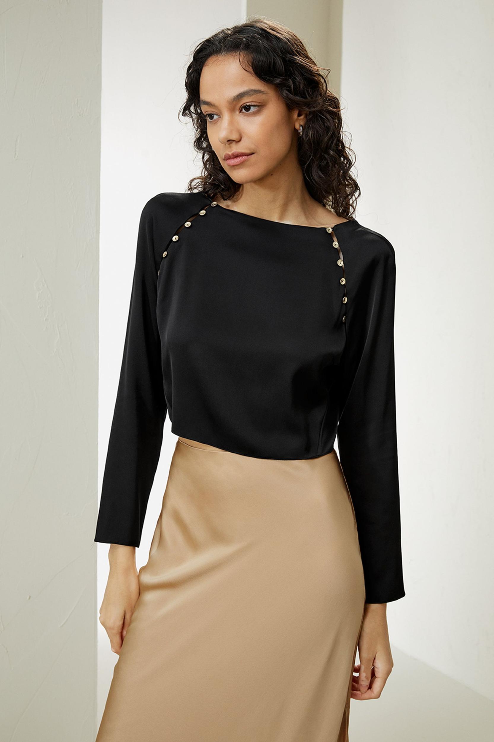 LILYSILK Women's Cropped Double Joe Silk Elegant Button Detail Top in Pearl White, Size 4 Product Image