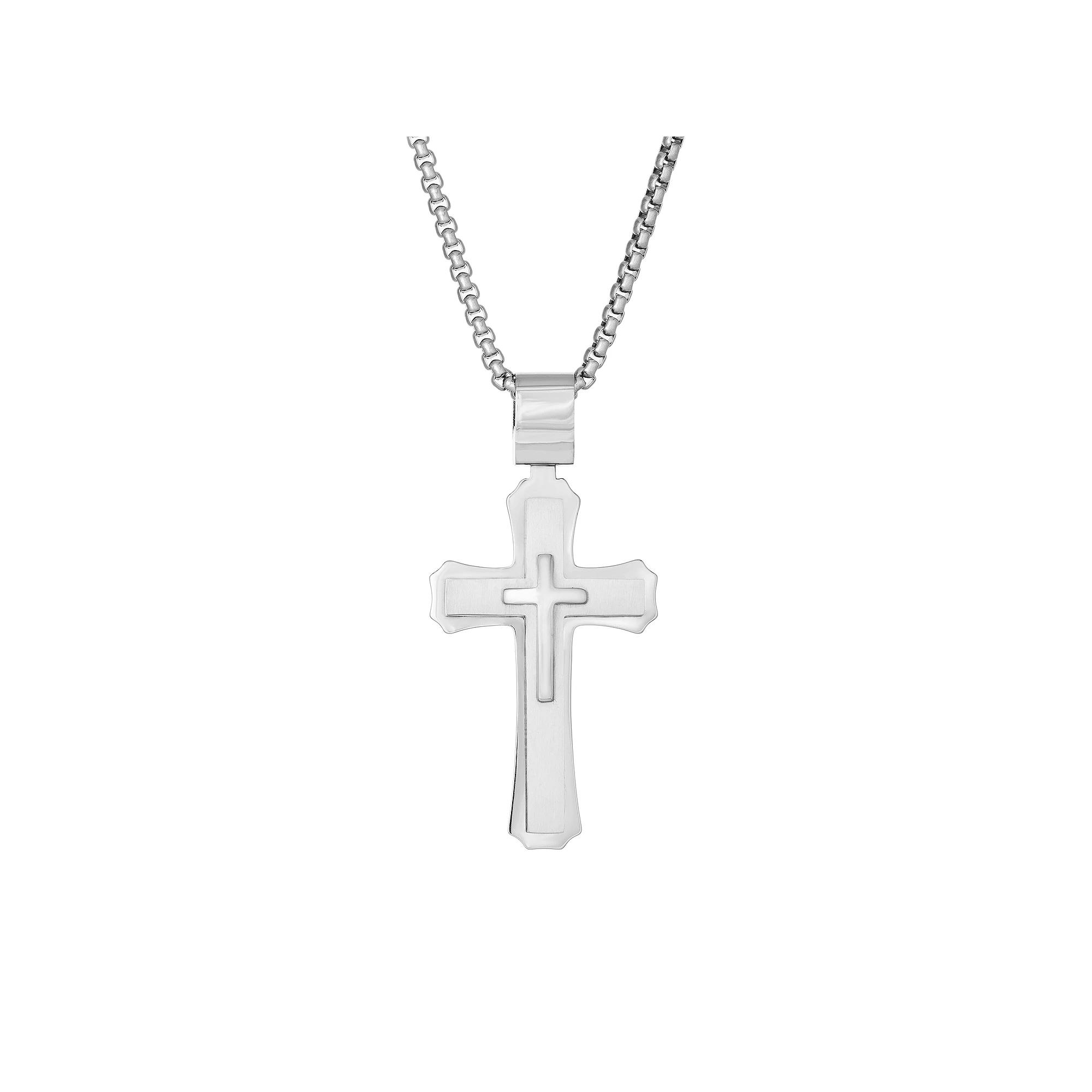 LYNX Men's Stainless Steel 3-Layer Cross Pendant Necklace, Size: 22" Product Image