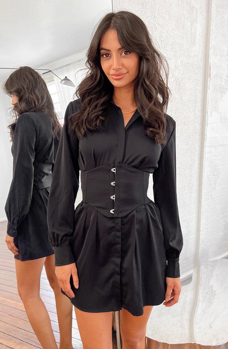 Social Black Mini Shirt Dress Product Image