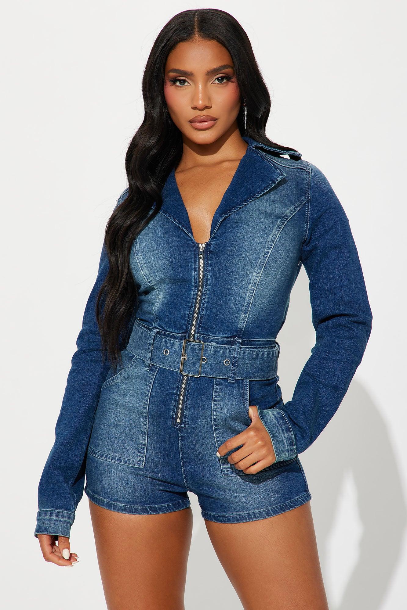 Feeling Fine Denim Romper - Dark Wash Product Image