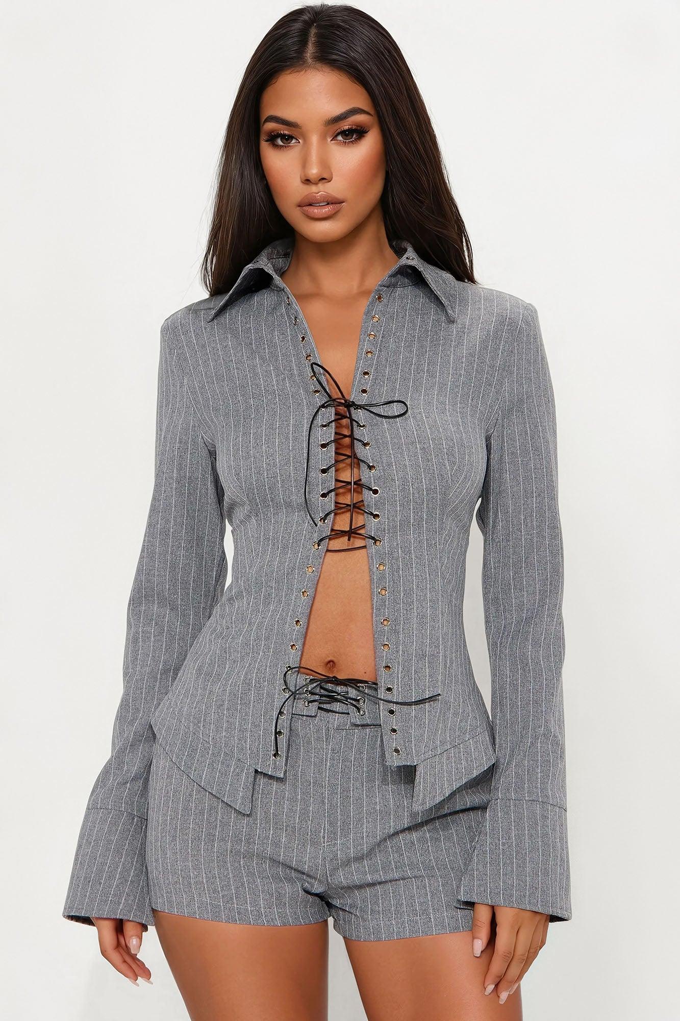 Boss Babe Pinstripe Short Set - Grey Female Product Image