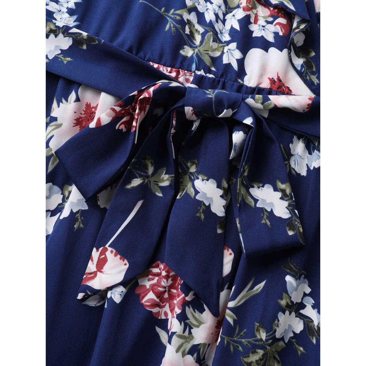 Plus Size Floral Belted Waist Ruffled Pockets Midi Dress DarkBlue Women Timeless Overlap Collar Cap Sleeve Curvy BloomChic 30/6X Product Image