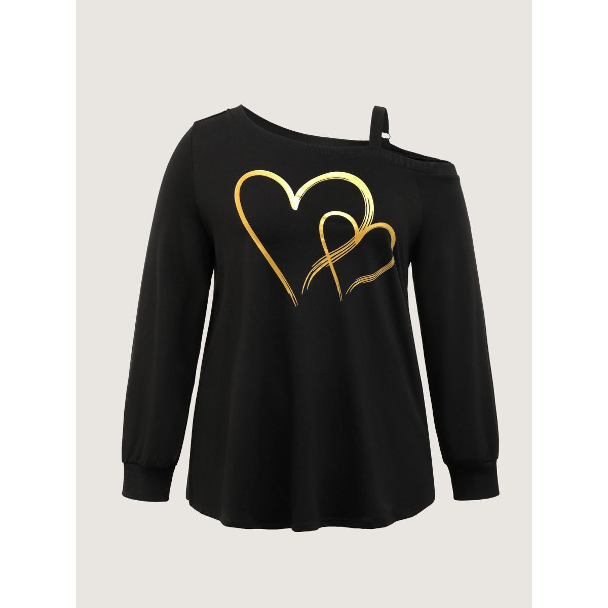Plus Size Heart Print Off-Shoulder Sweatshirt Women Black Leisure Asymmetrical Neck Casual Sweatshirts BloomChic 18-20/2X Product Image