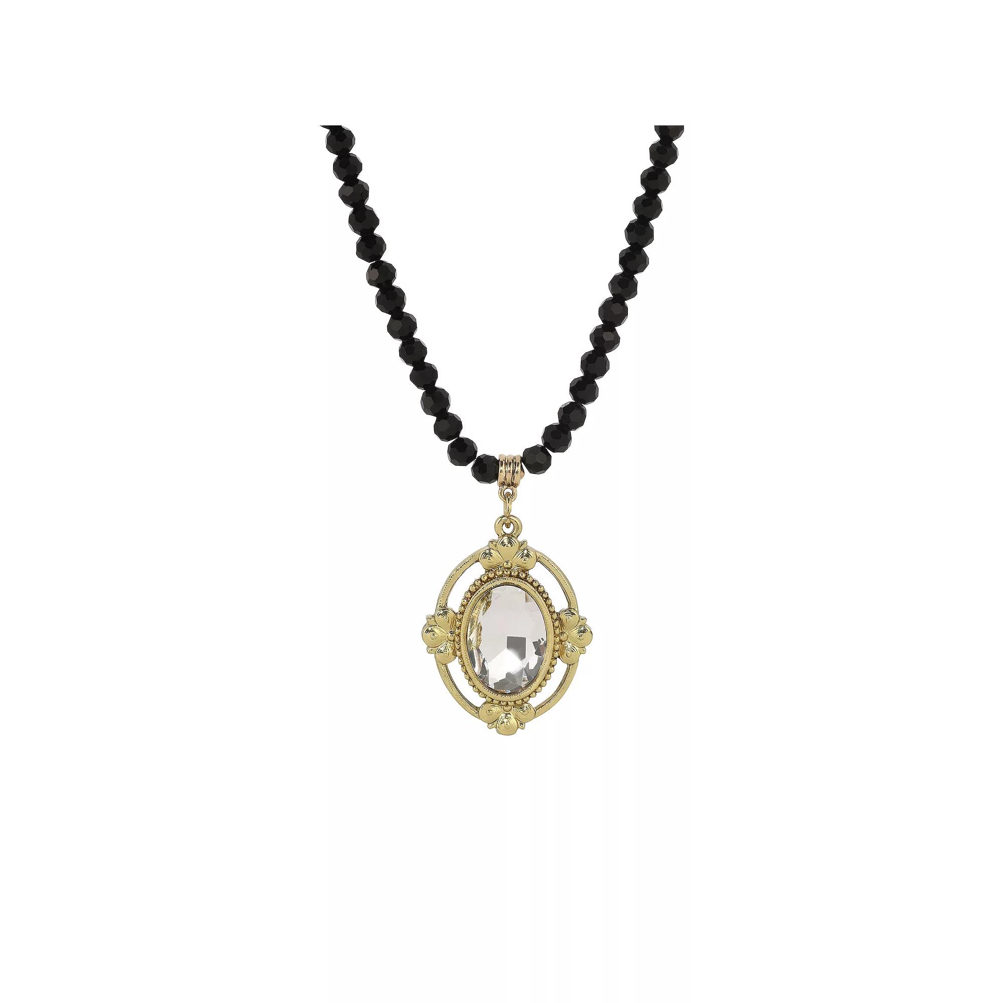 1928 Crystal Faceted Oval Pendant Black Beaded Necklace, Womens, White Gold Product Image