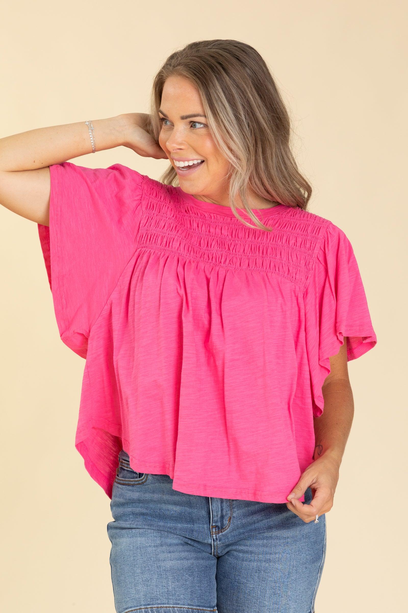 Pink Smocking Detail Flutter Sleeve Knit Top Product Image