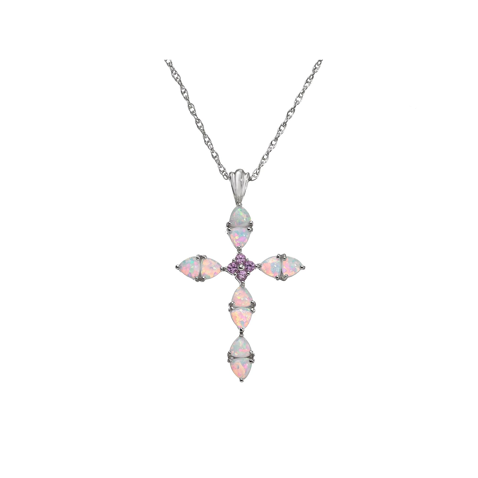 Classic Treasures Lab-Created Opal and Lab-Created Pink Sapphire Sterling Silver Cross Pendant Necklace, Women's,  Product Image