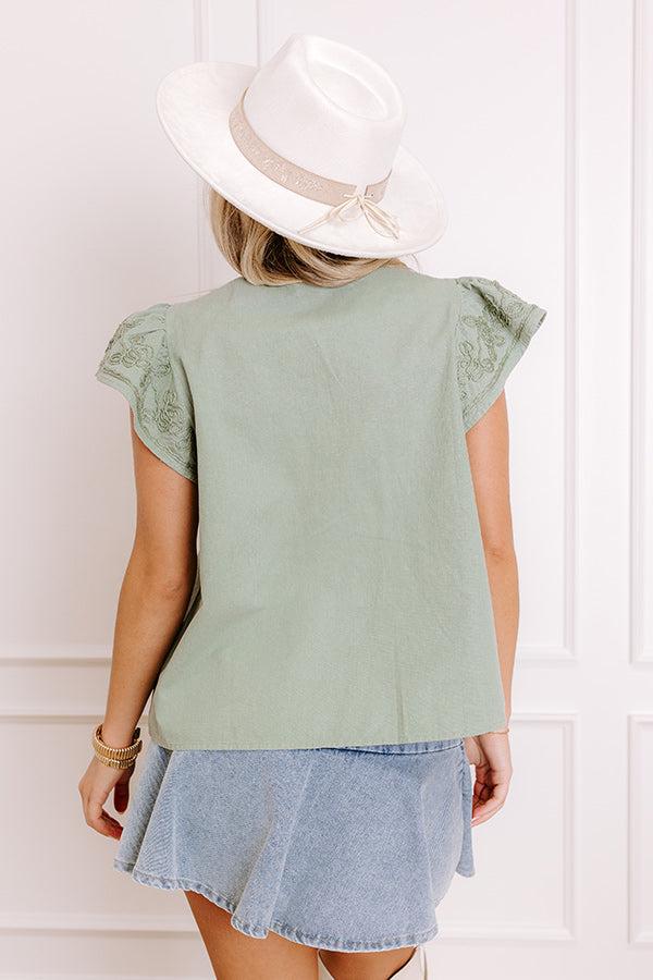 Farmers Market Cutie Embroidered Chambray Top in Sage Product Image