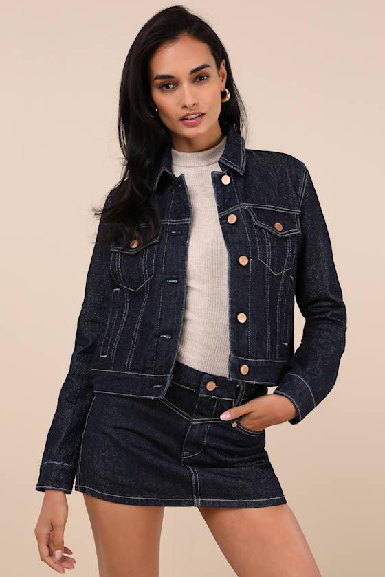 Over the Moon Dark Wash Cropped Denim Jacket Product Image