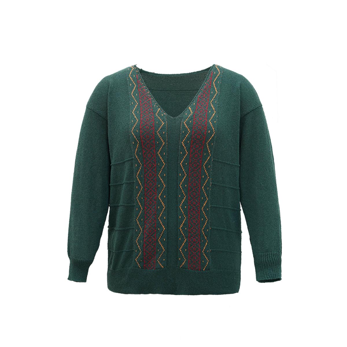 Plus Size Bandana Embroidered Drop Shoulder Elastic Cuffs Pullover DarkGreen Women Casual Loose Long Sleeve V-neck Dailywear Pullovers BloomChic 10/M Product Image