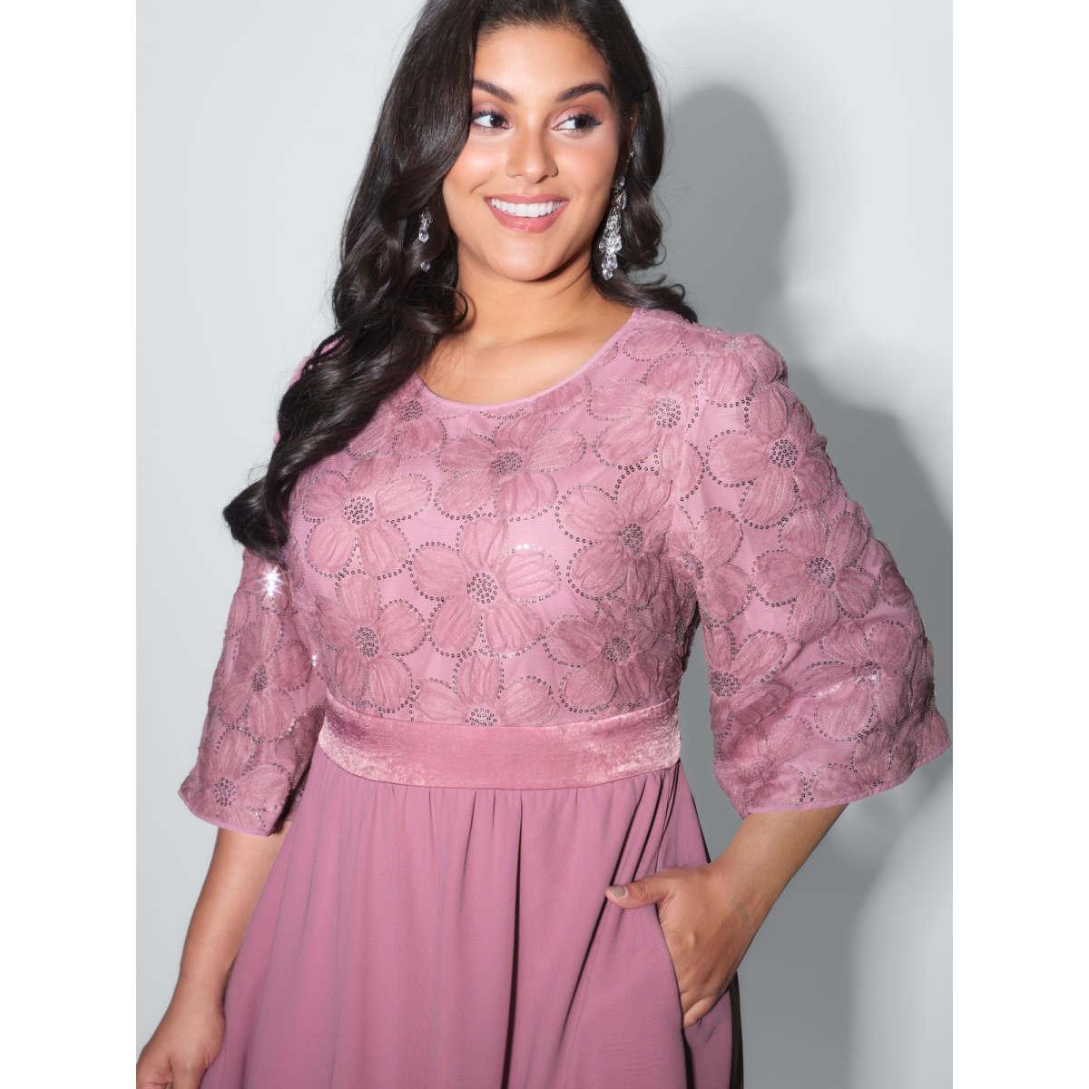 Plus Size Sequin Floral Tulle Shirred Waist Maxi Dress DustyPink Women Party&Cocktail Party Curvy Bloomchic 12/L Product Image