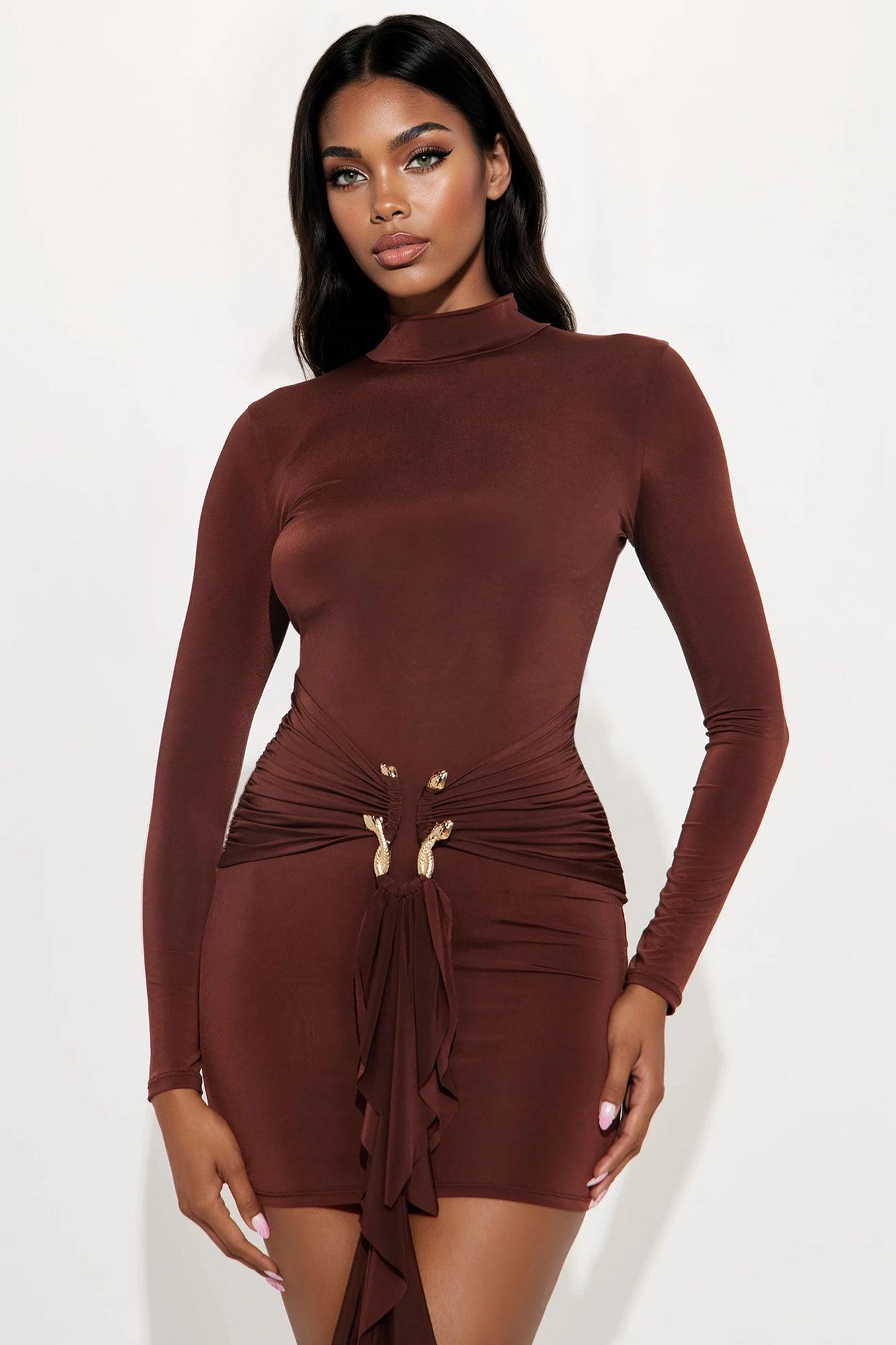 In The Moment Long Sleeve Mini Dress - Chocolate Female Product Image