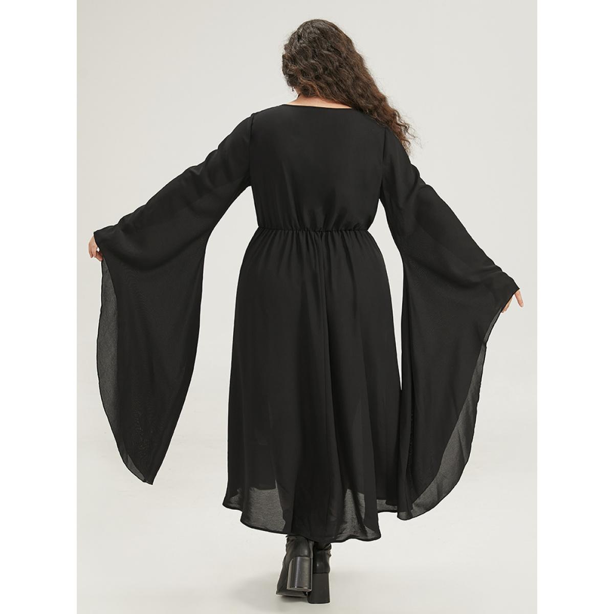 Plus Size Halloween Plain Lace Up Bell Sleeve Dress Black Women Elegant Plain Round Neck Long Sleeve Curvy Midi Dress BloomChic 26/4X Product Image