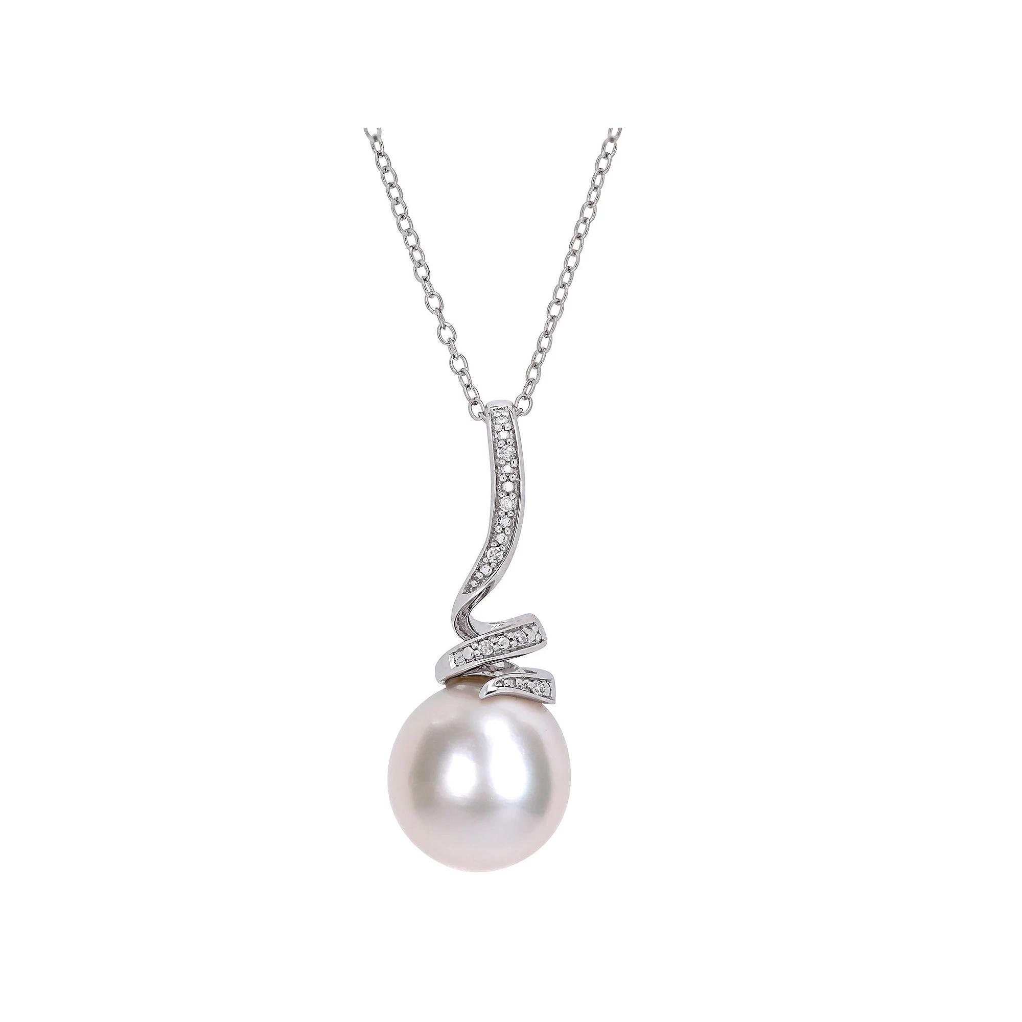 Stella Grace Sterling Silver Freshwater Cultured Pearl & Diamond Accent Swirl Drop Pendant Necklace, Womens Product Image