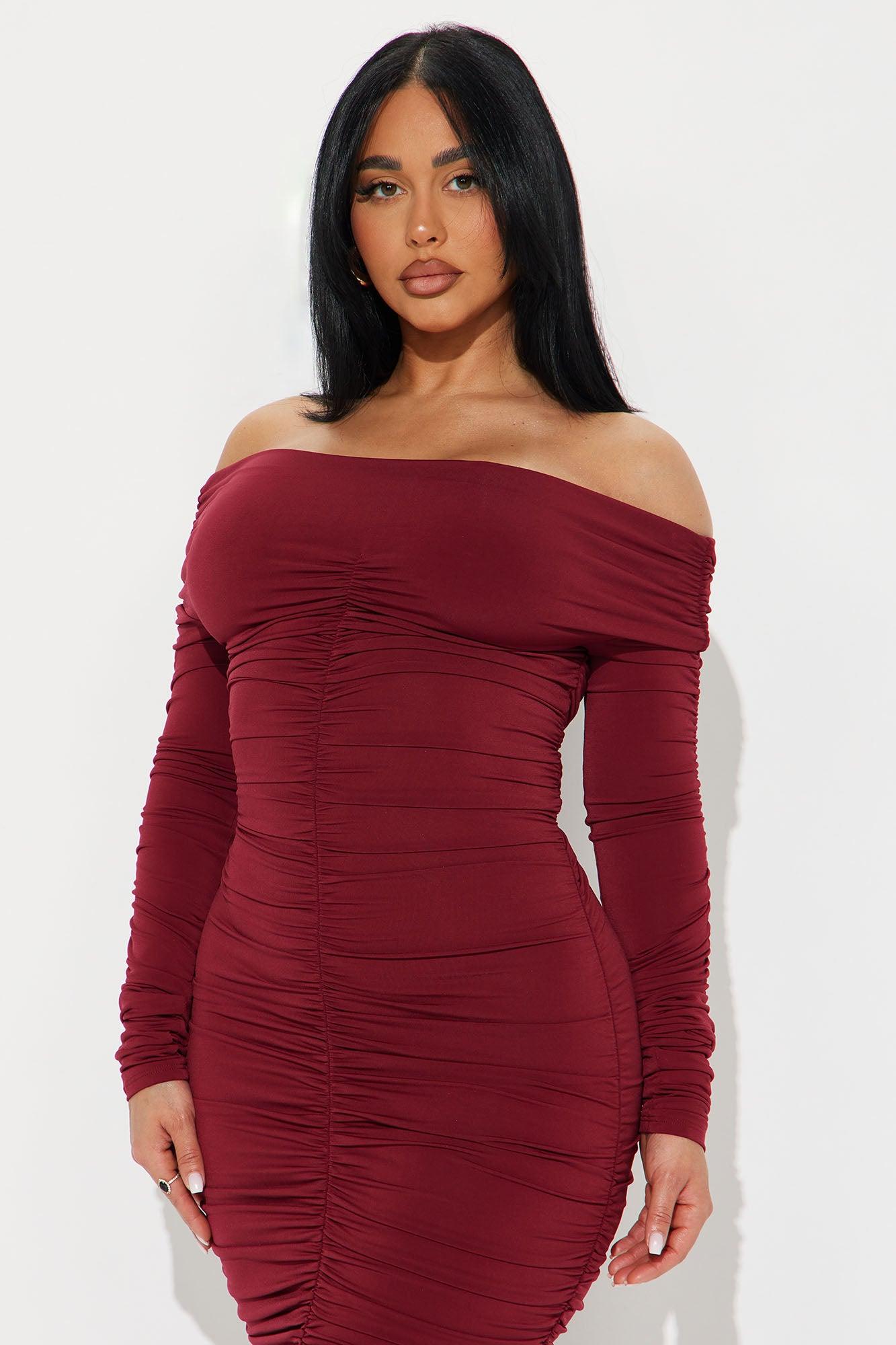 Kasi Ruched Midi Dress - Burgundy Product Image