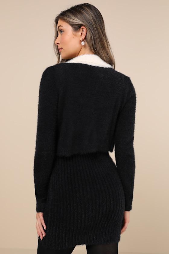 Splendid Duo Black Eyelash Knit Two-Piece Dress & Cardigan Set Product Image