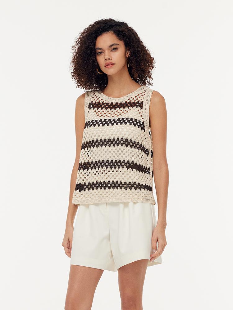 Brown Stripe Women Open-Knit Tank Top Product Image