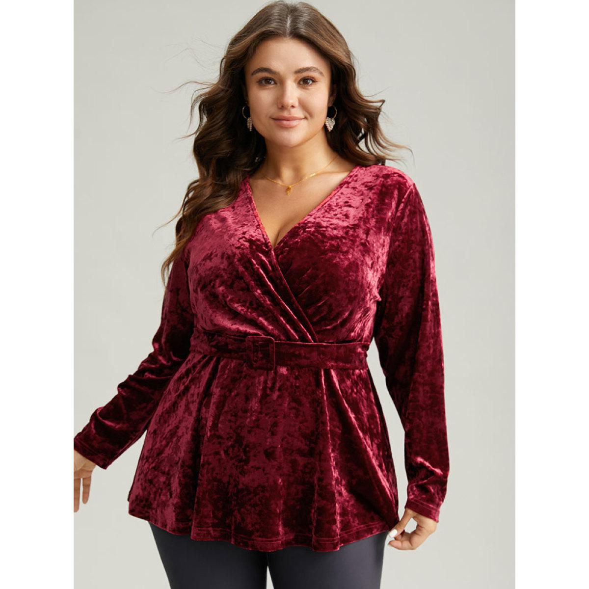 Plus Size Scarlet Velvet Overlap Collar Elastic Waist Buckle Detail Blouse Women Glamour Long Sleeve Overlap Collar Festival-Christmas Blouses BloomChic 12/L Product Image