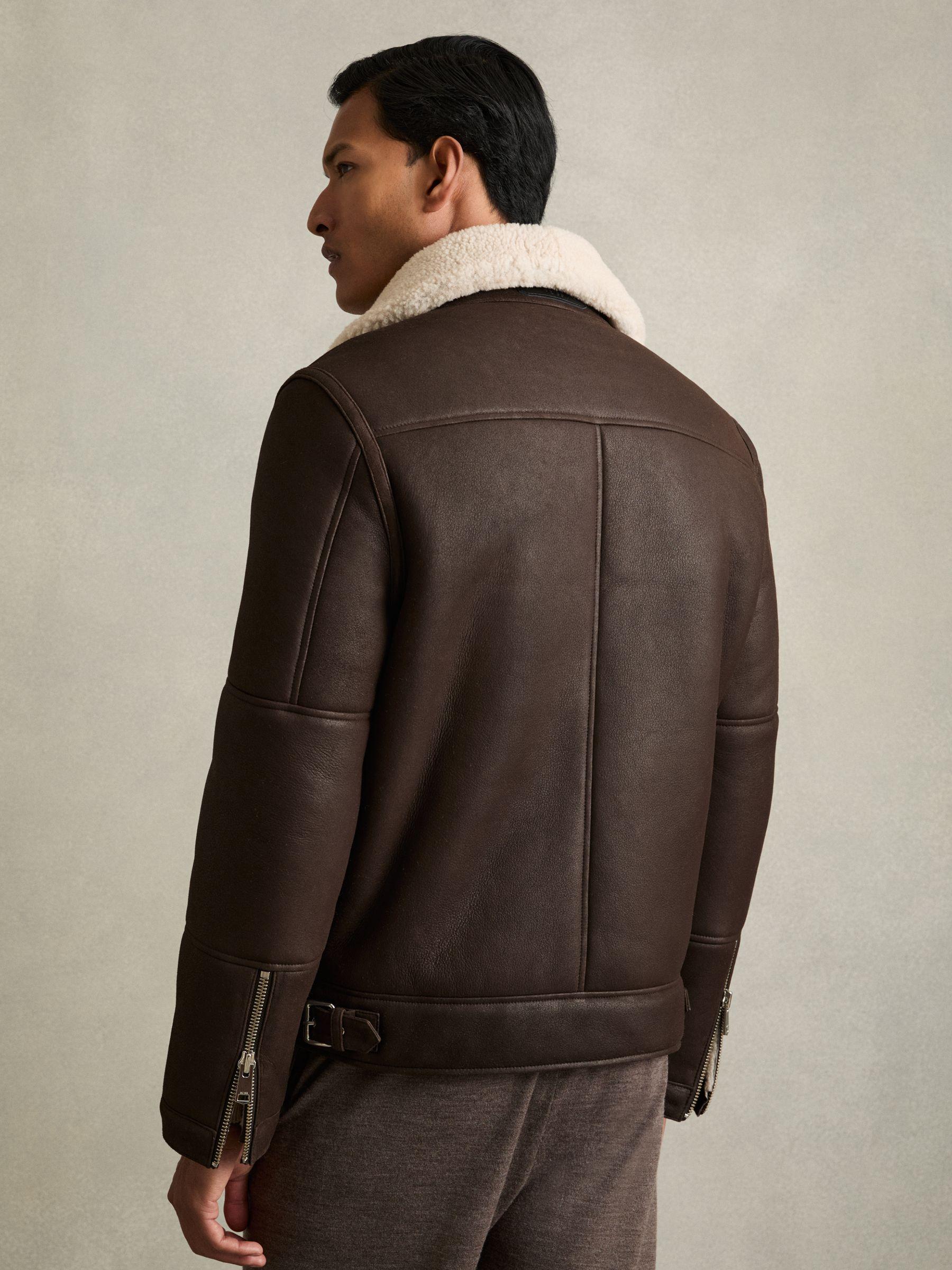 Shearling Lined Leather Aviator Jacket in Dark Brown Product Image