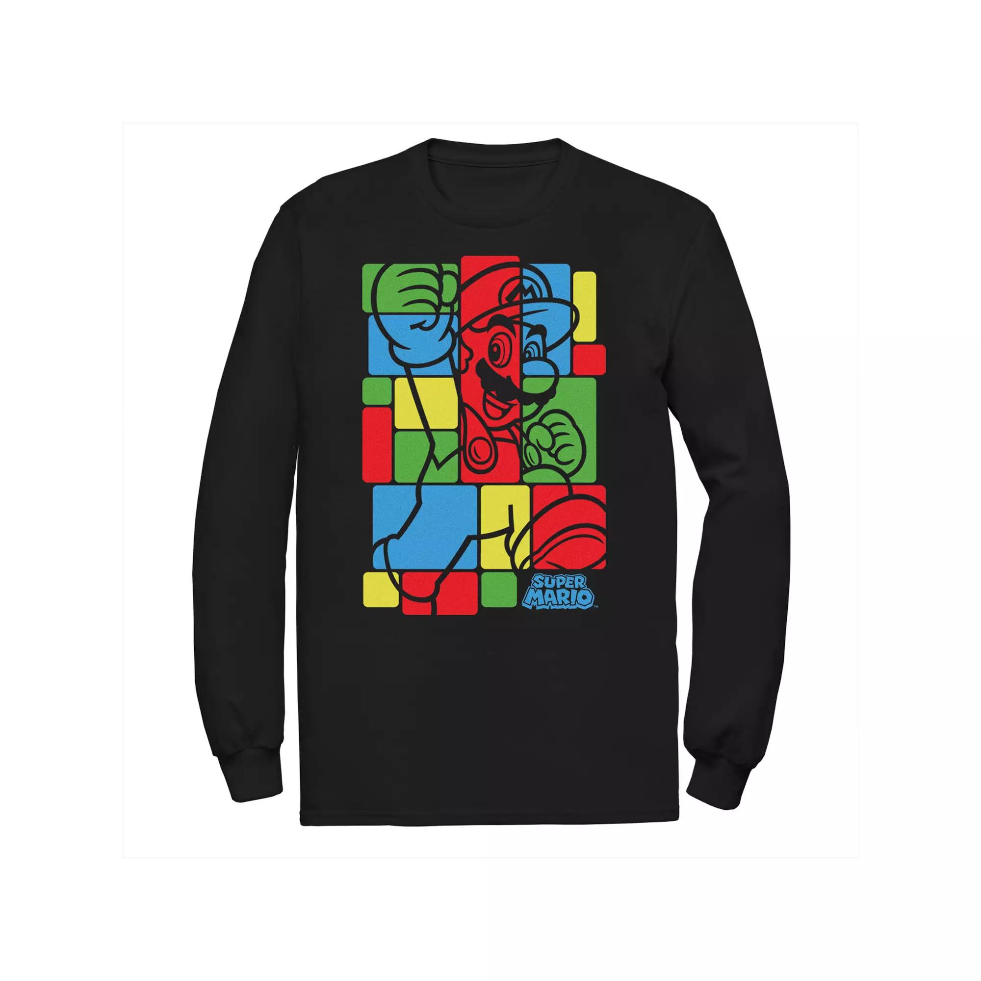 Men's Super Mario Bros Colored Squares Design Long Sleeve Tee, Size: 3XL, Black Product Image