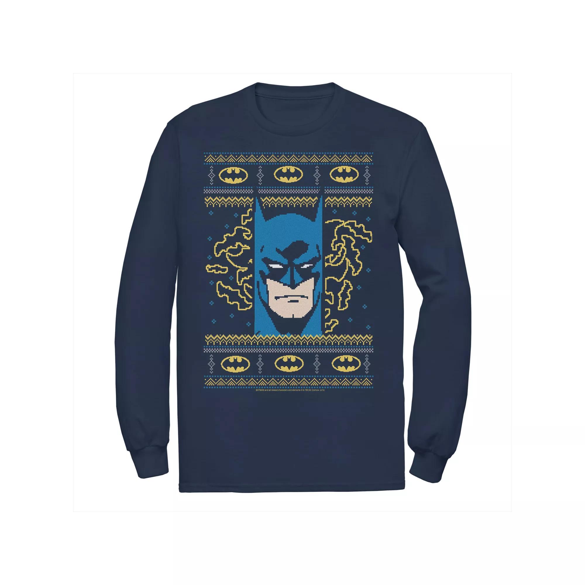 Men's DC Comics Batman Face Christmas Sweater Style Tee,  Product Image