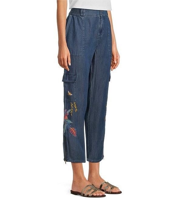 JOHNNY WAS Jane Lightweight Denim Smocked Waist Embroidered Tapered Leg Cargo Ankle Pants Product Image