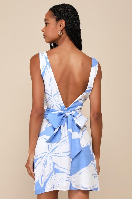 Deeply Sweet Blue and White Floral Tie-Back Shift Mini Dress Product Image
