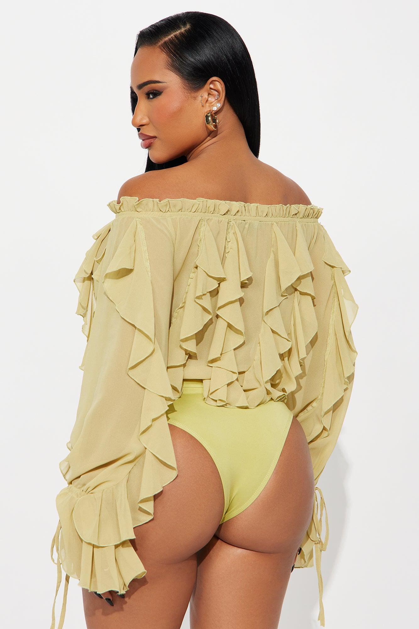 I'm Your Favorite Ruffle Chiffon Bodysuit - Olive Female Product Image