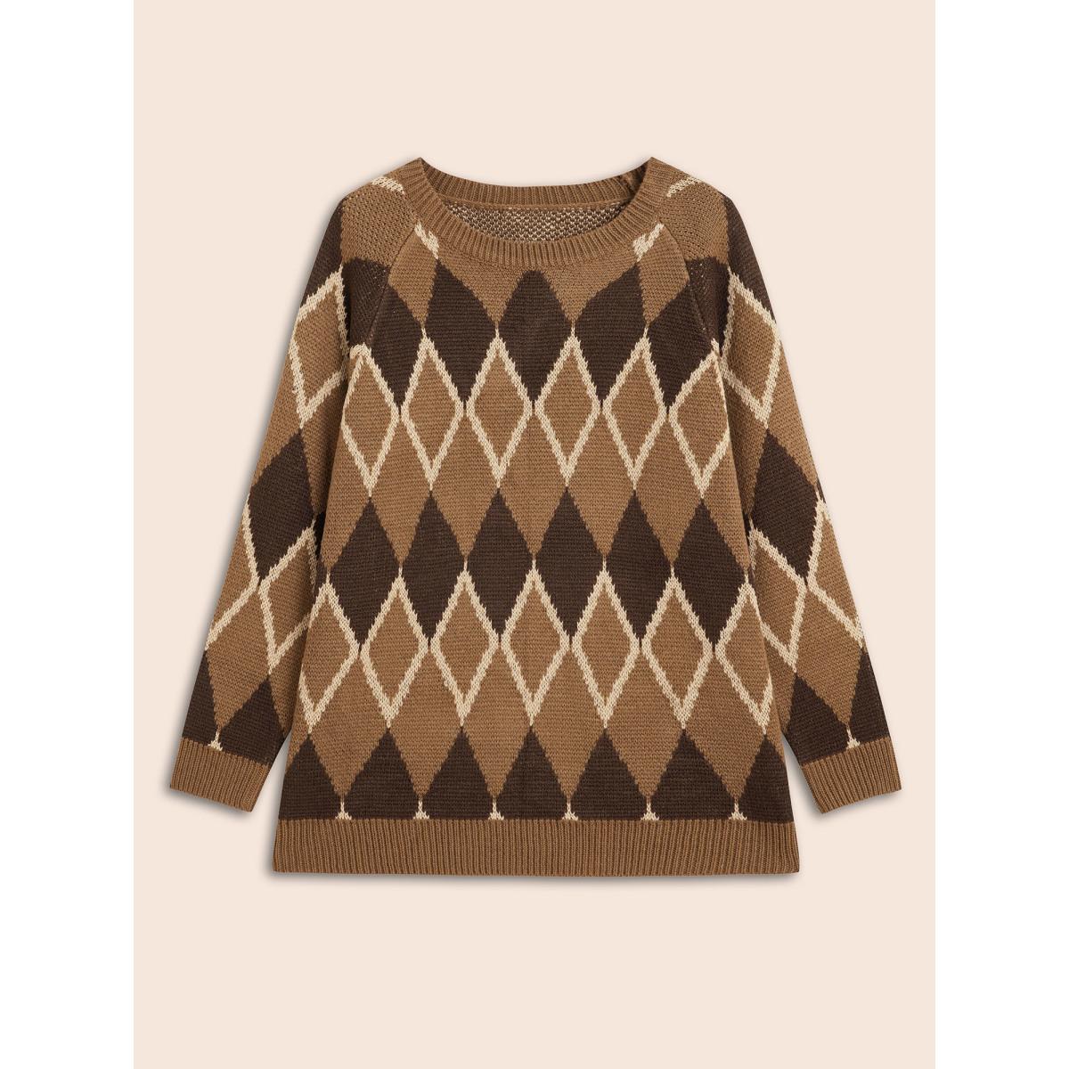 Plus Size Plaid Crew Neck Raglan Sleeve Cardigan Browncoffeecolor Women Leisure Loose Long Sleeve Round Neck Casual Pullovers BloomChic 18-20/2X Product Image