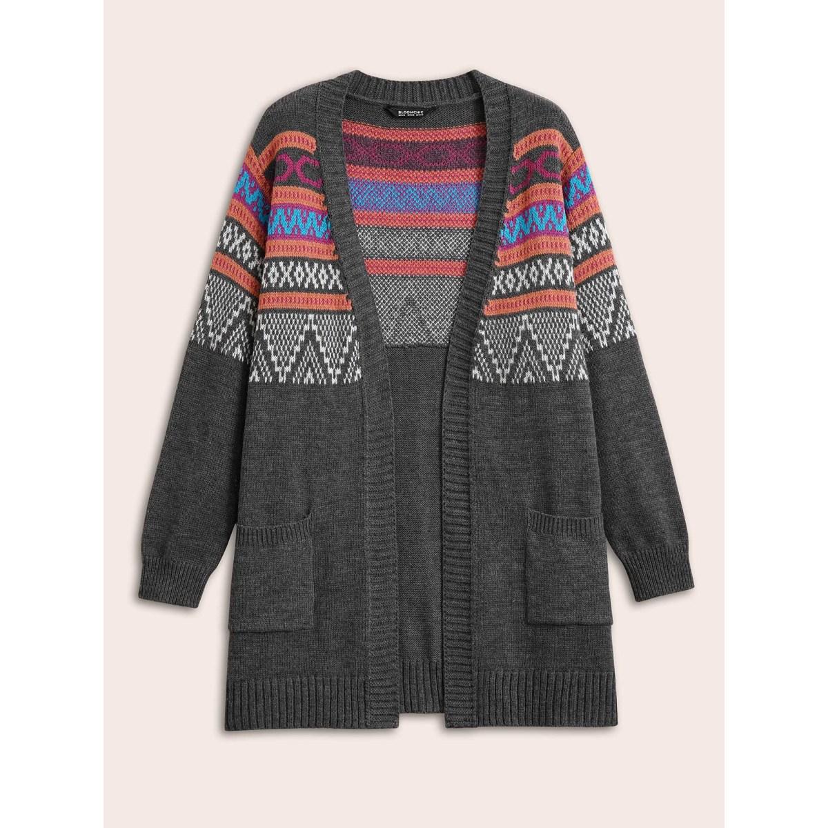 Plus Size Boho Contrast Jacquard Patched Pocket Cardigan Multicolor Women Casual Loose Long Sleeve Dailywear Cardigans BloomChic 12/L Product Image
