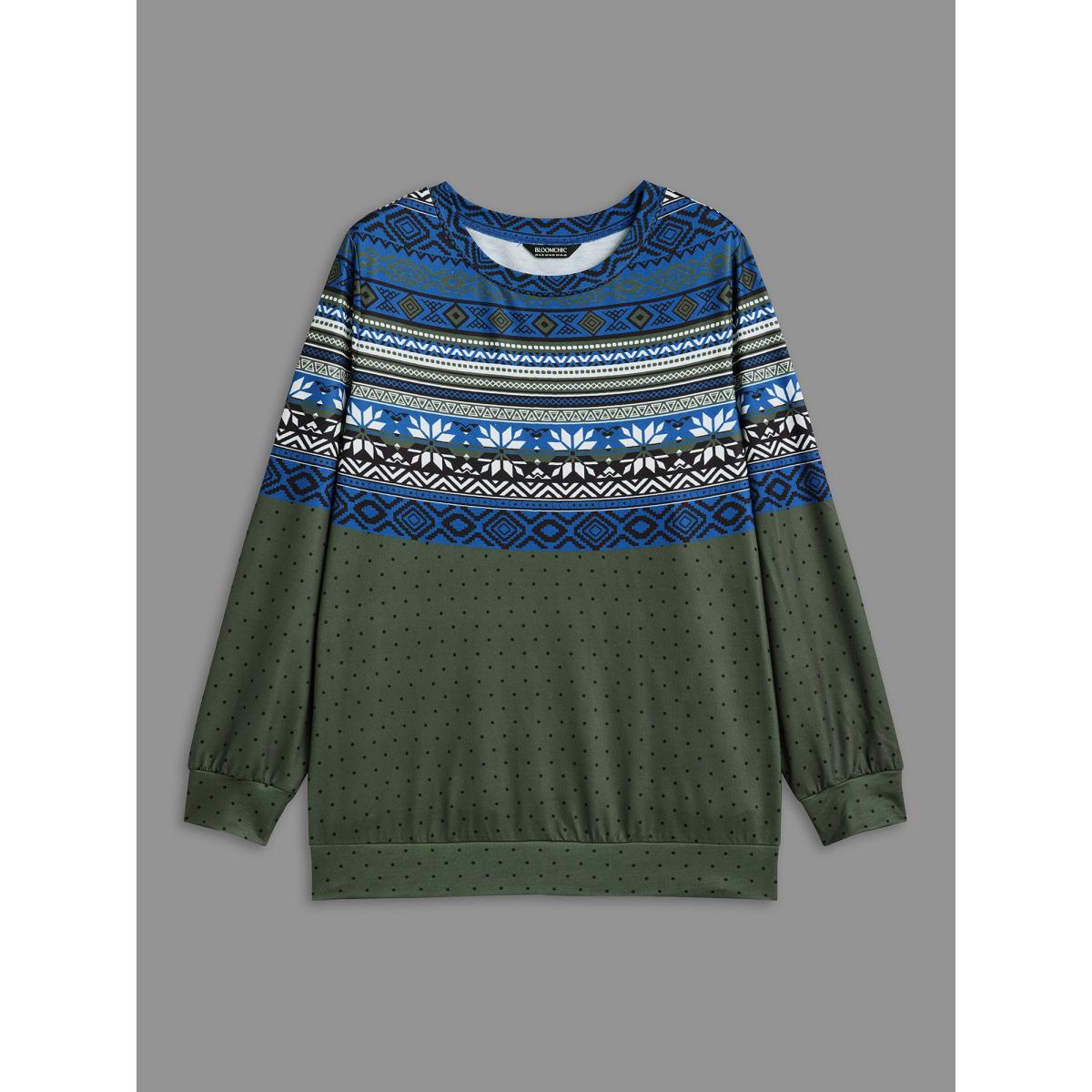 Plus Size Round Neck Geometric Polka Dot Patchwork Sweatshirt Women Multicolor Casual Contrast Round Neck Everyday Sweatshirts BloomChic 22-24/3X Product Image