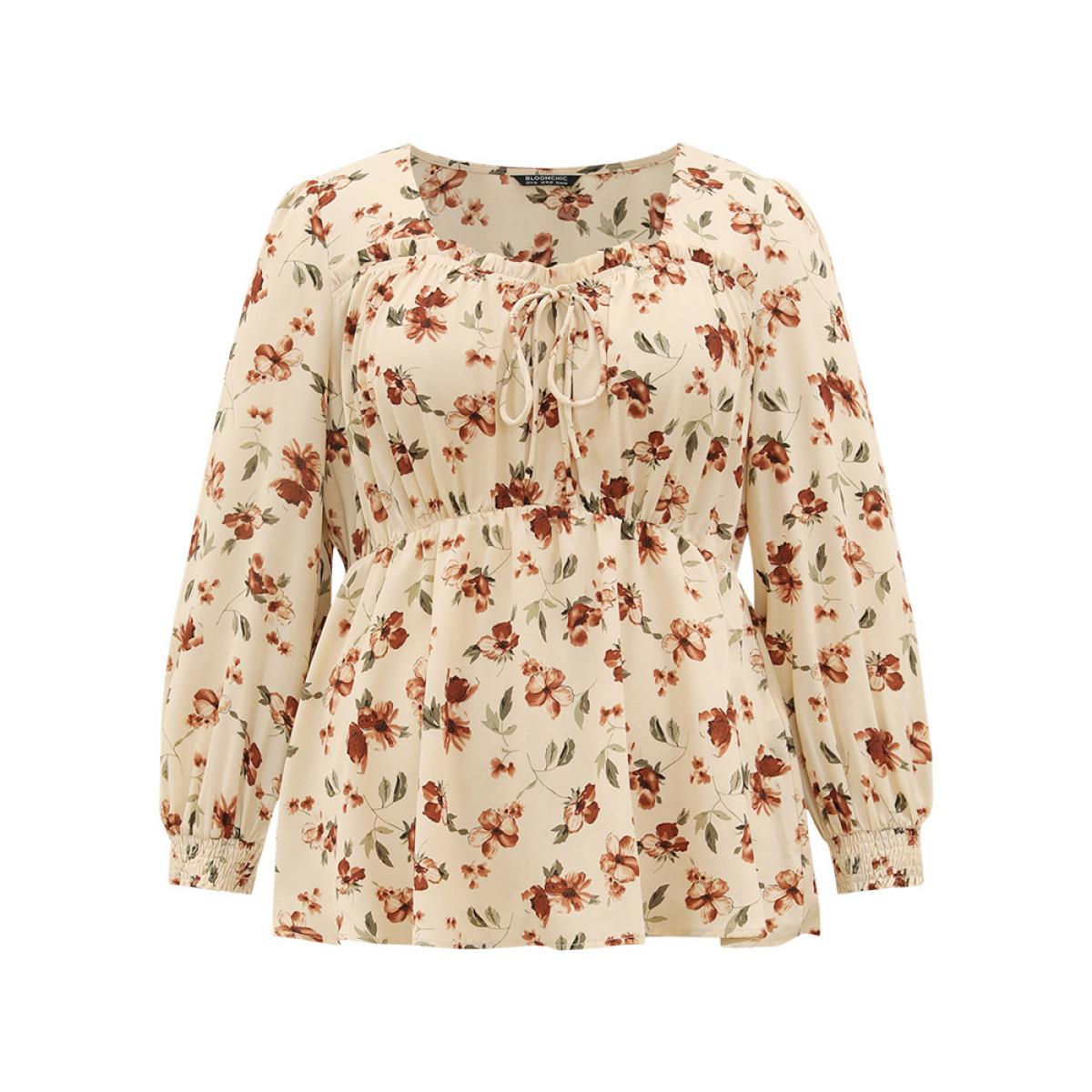 Plus Size Tan Ditsy Floral Shirred Ties Square Neck Blouse Women Elegant Long Sleeve Square Neck Dailywear Blouses BloomChic 18-20/2X Product Image