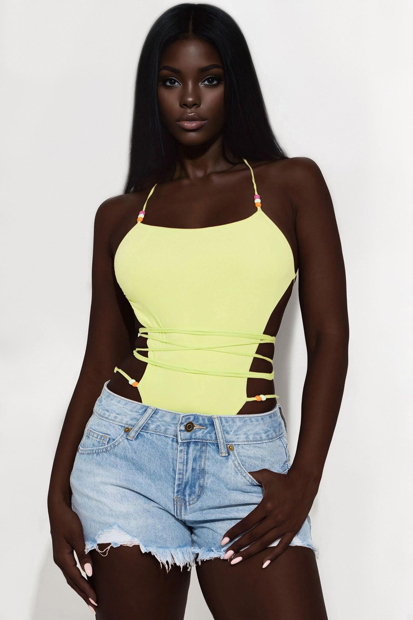 Cruising Beachside Backless Bodysuit - Neon Yellow Product Image