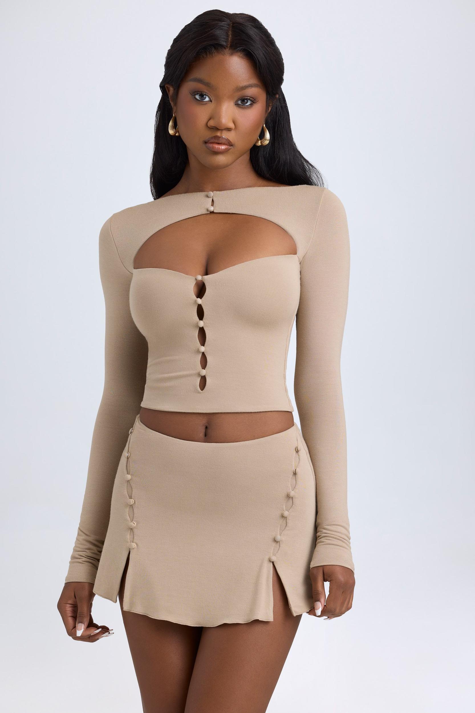 Modal Cut-Out Button-Detail Top in Taupe Female Product Image