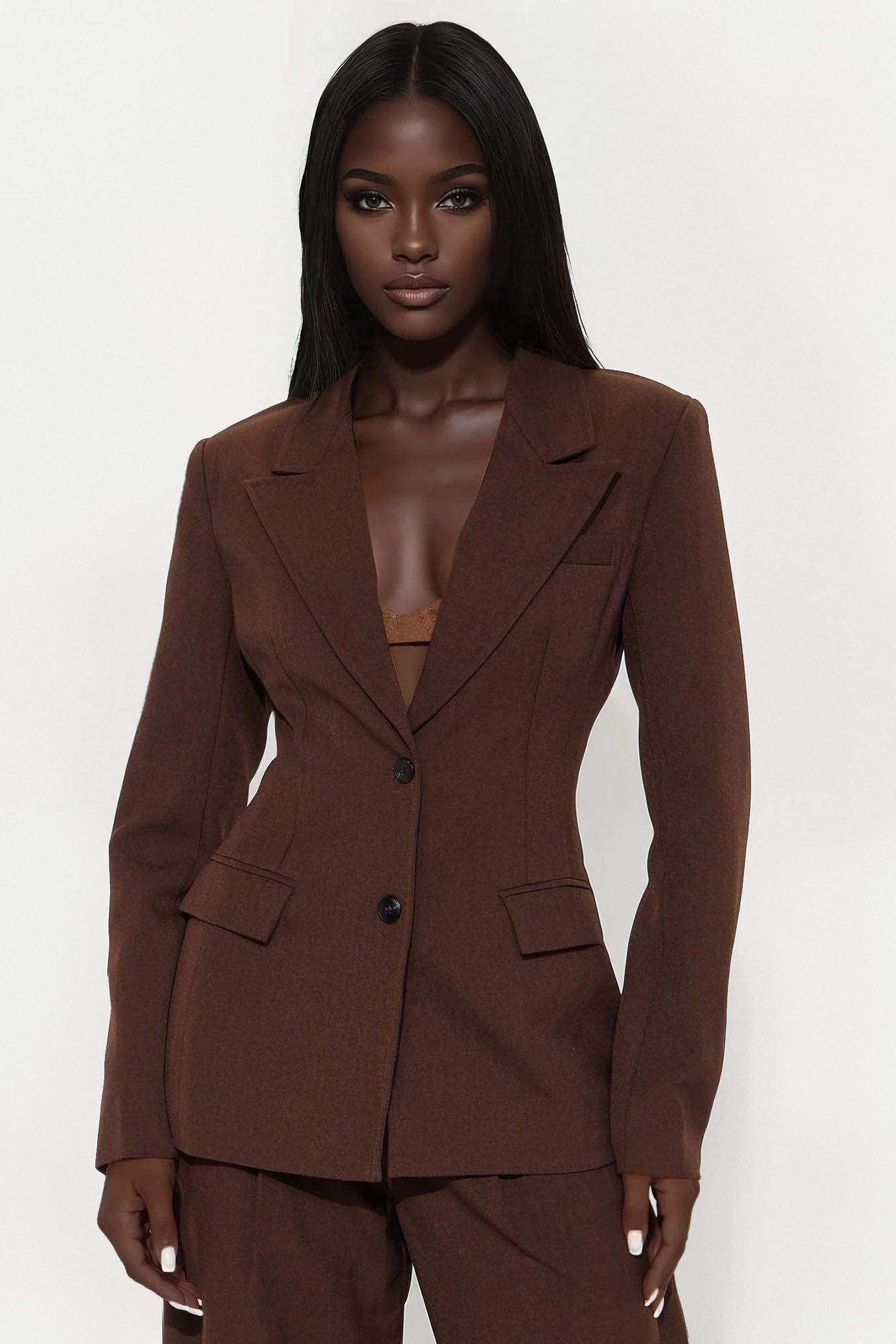 Going Forward Fitted Waist Blazer Pant Set - Brown Female Product Image