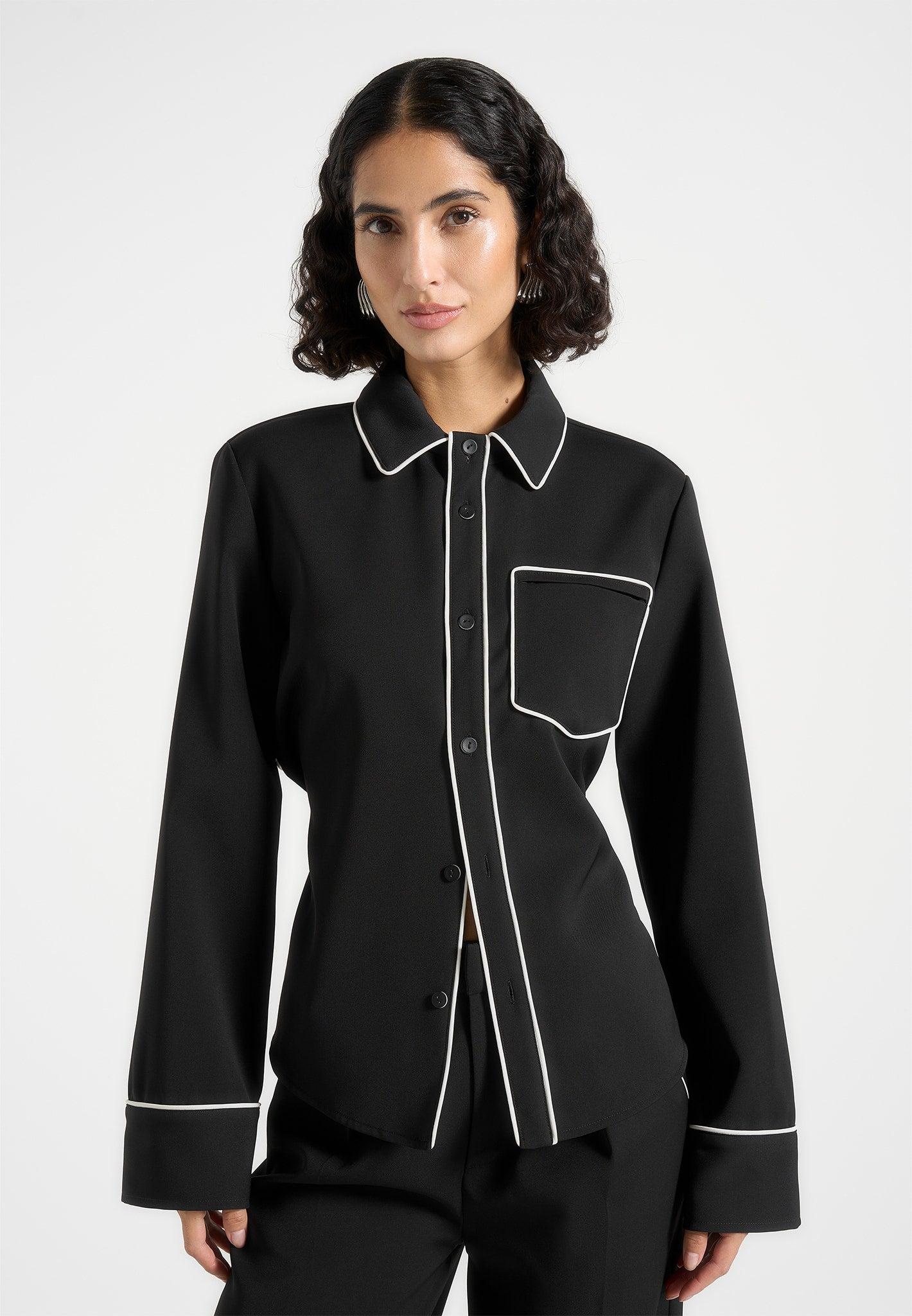 Contrast Piped Backless Tie Shirt - Black/White Female Product Image