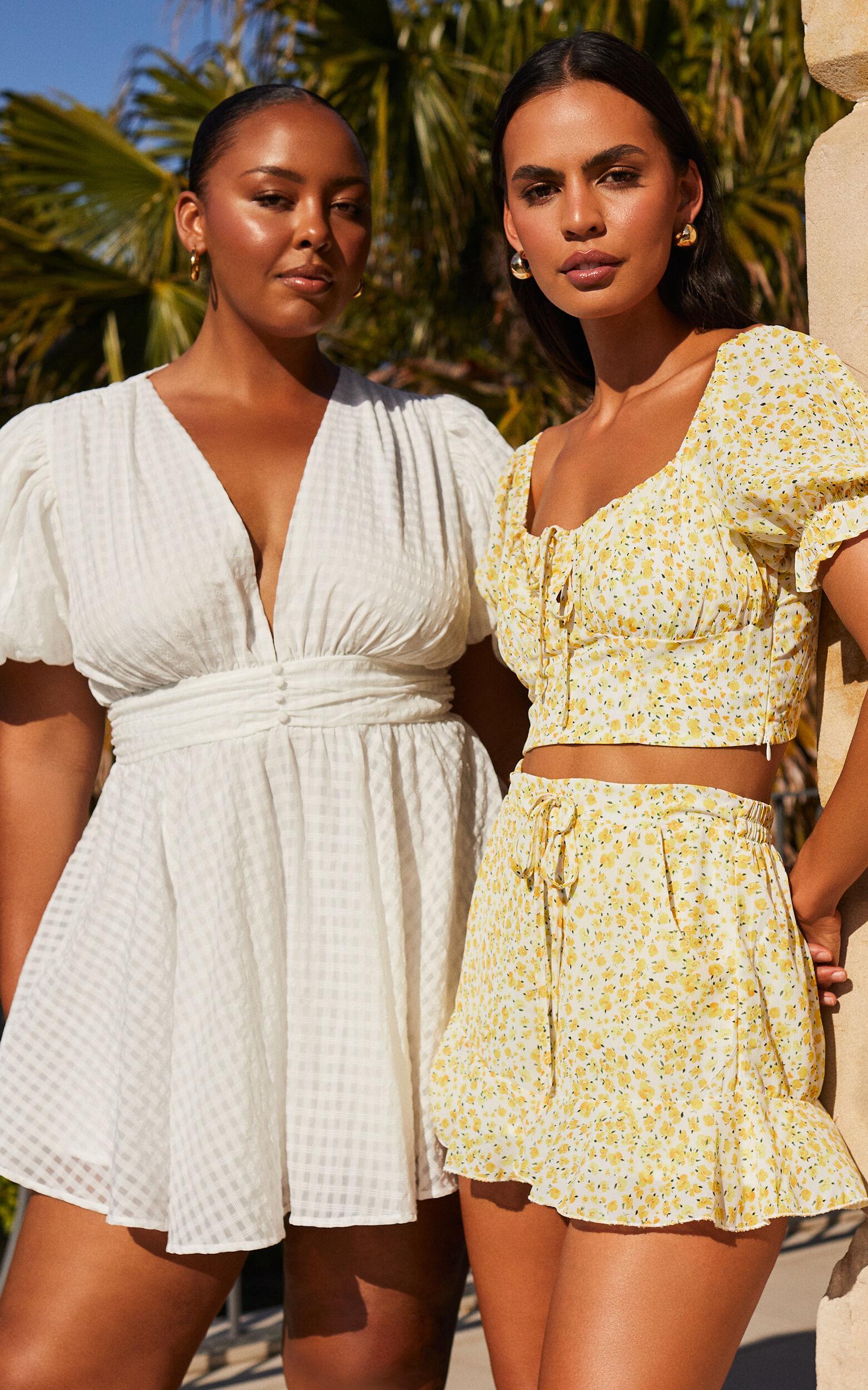 Xandy Mini Dress - Textured Puff Sleeve Plunge Dress in White Product Image