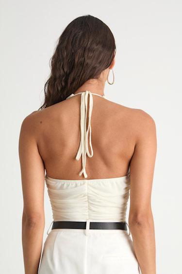 Dafina Ivory Mesh Ruched Halter Bodysuit Product Image