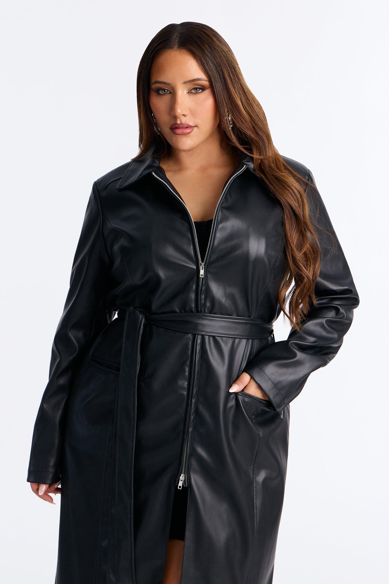 Kennedy Belted Faux Leather Zip Up Coat - Black Female Product Image
