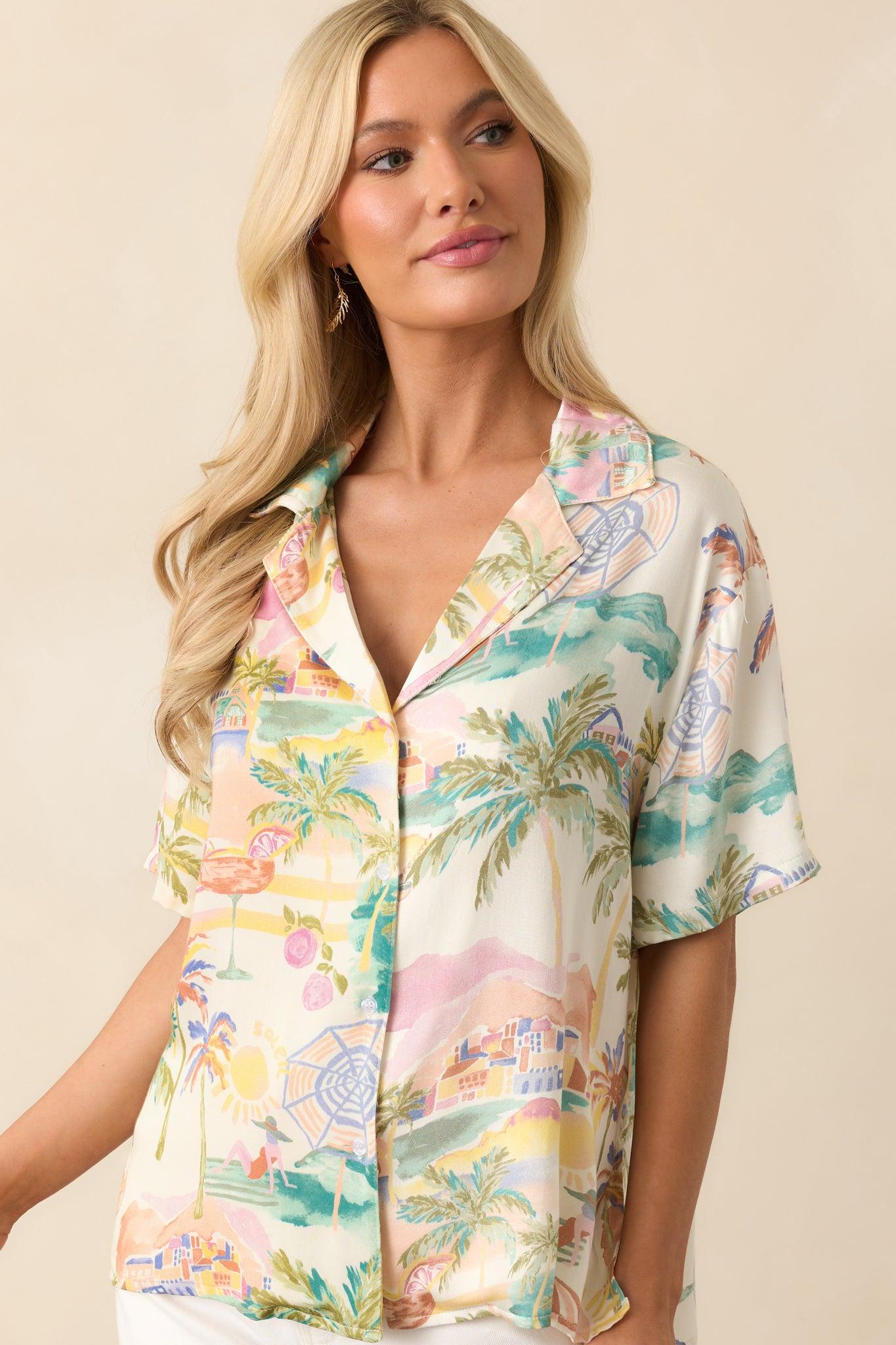 As The Sun Sets Ivory Multi Tropical Print Button Front Top Product Image