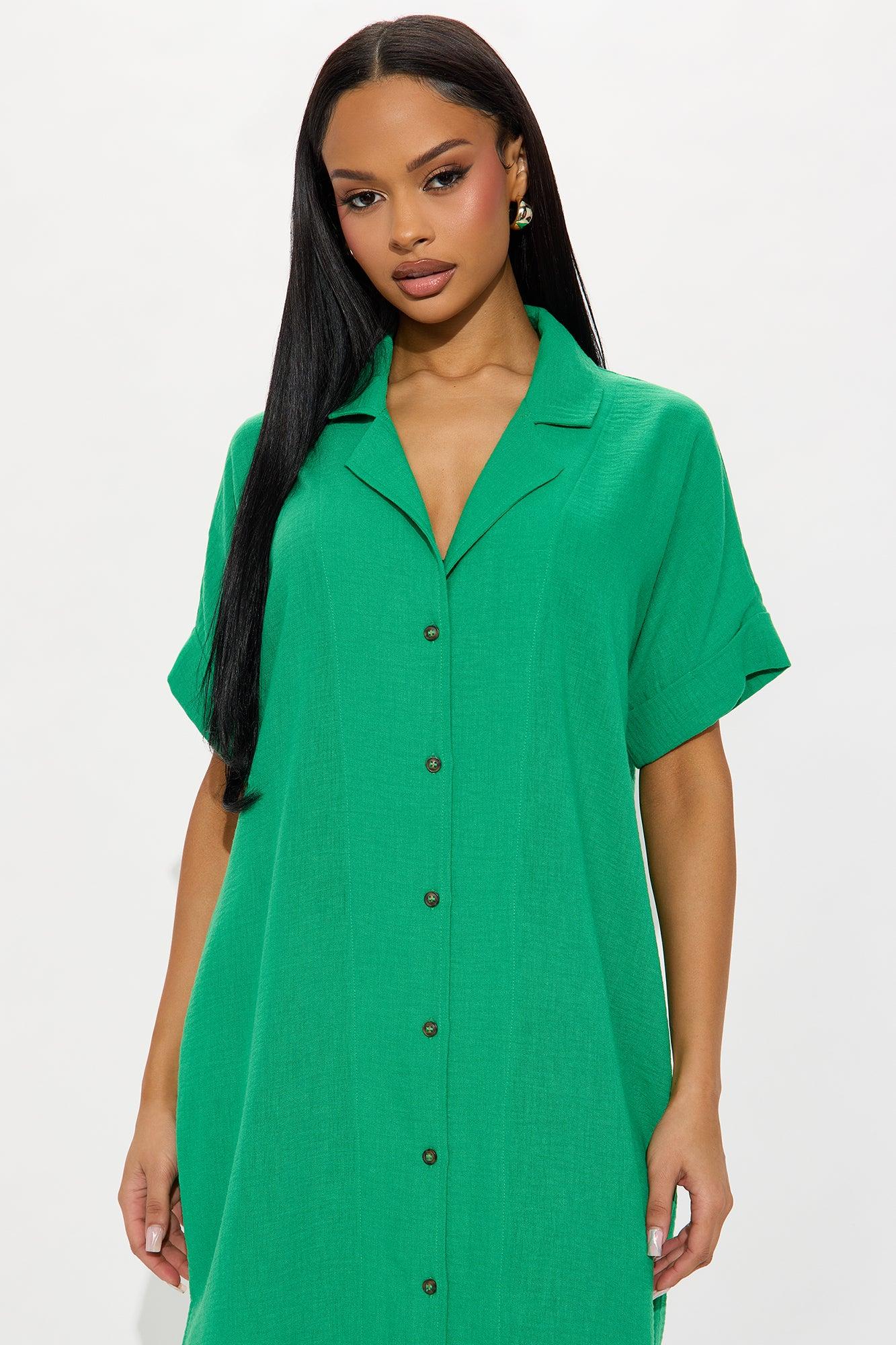 Casual Stroll Gauze Shirt Midi Dress - Kelly Green Product Image