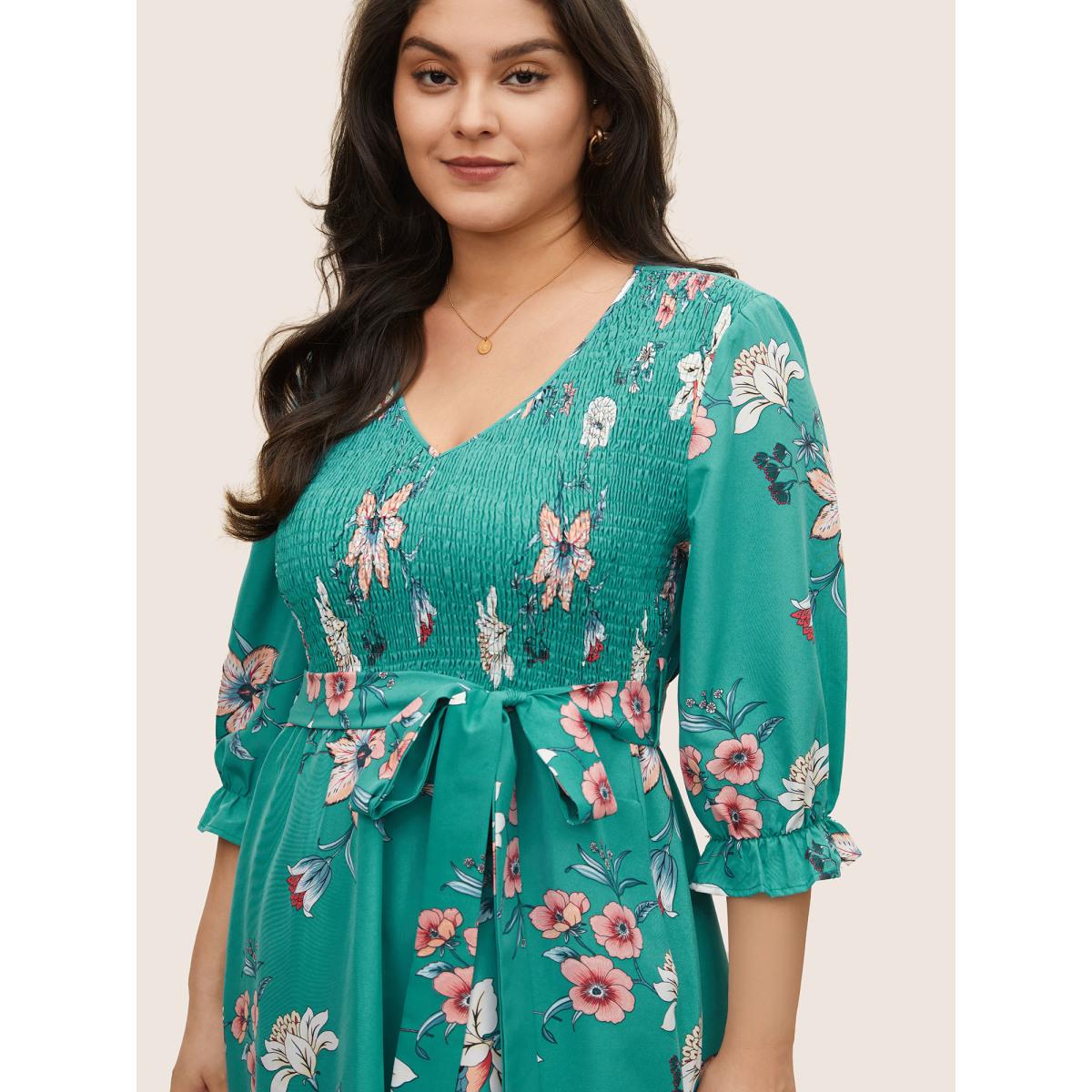 Plus Size Floral Print Shirred Front Ruffle Sleeve Dress Turquoise Women Elegant Non V-neck Elbow-length sleeve Curvy Midi Dress BloomChic 10/M Product Image