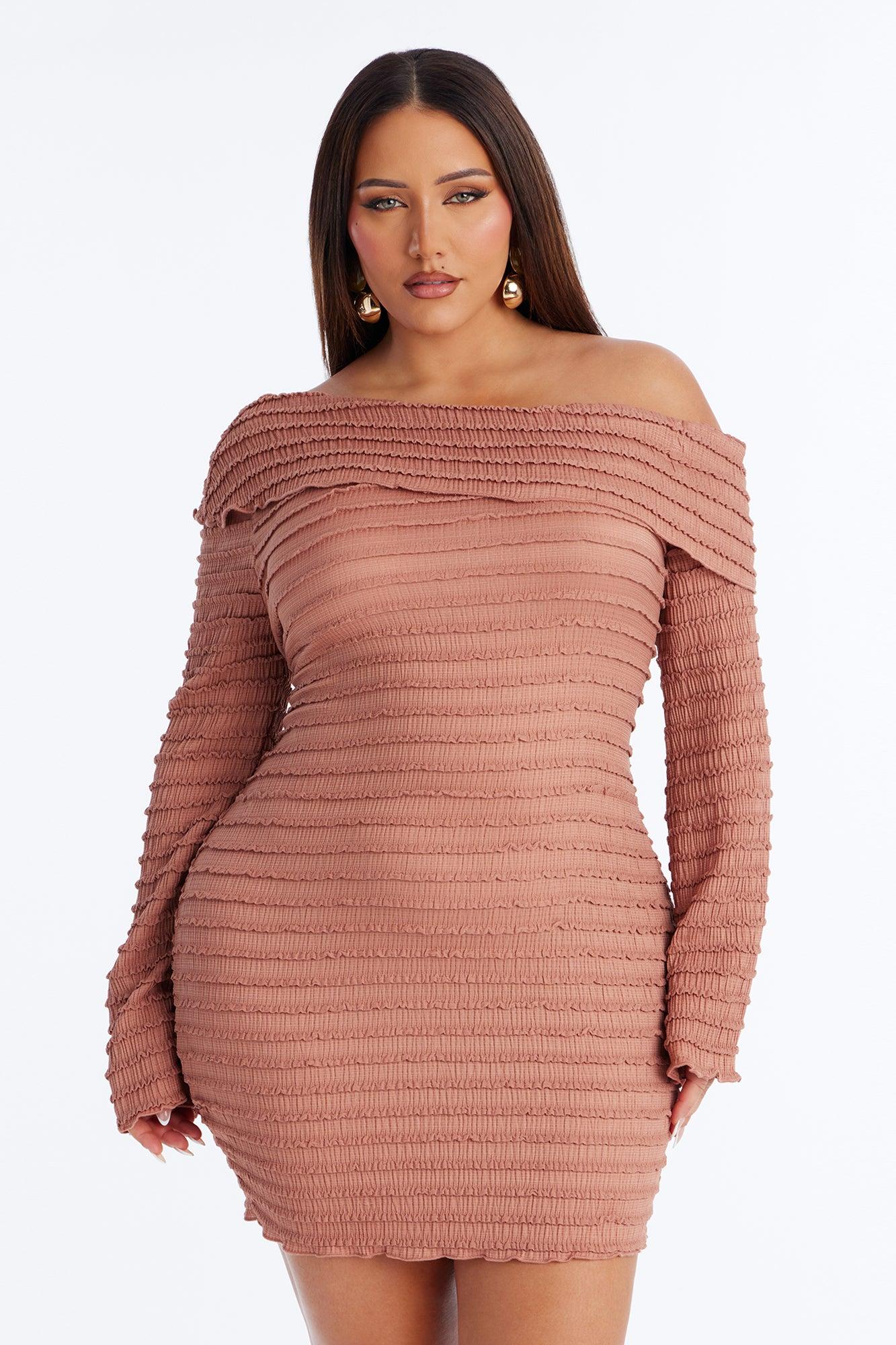 Elsie One Shoulder Textured Mini Dress - Mocha Female Product Image