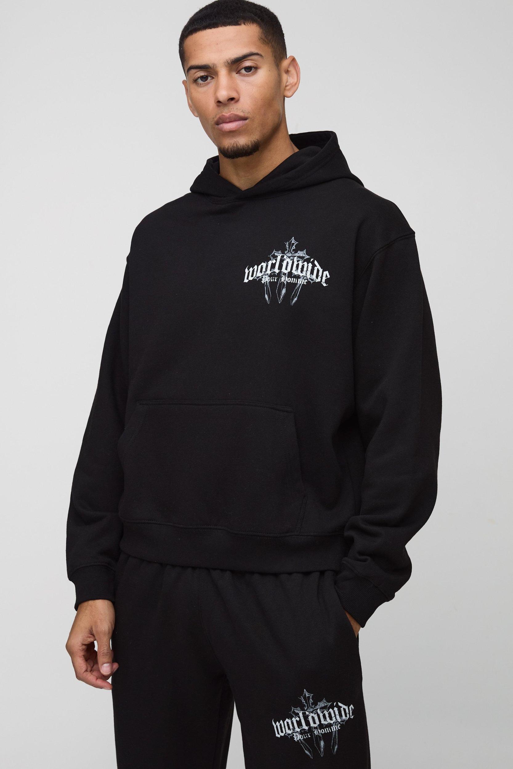 Oversized Boxy Cross Printed Hooded Tracksuit | boohooMAN USA Product Image