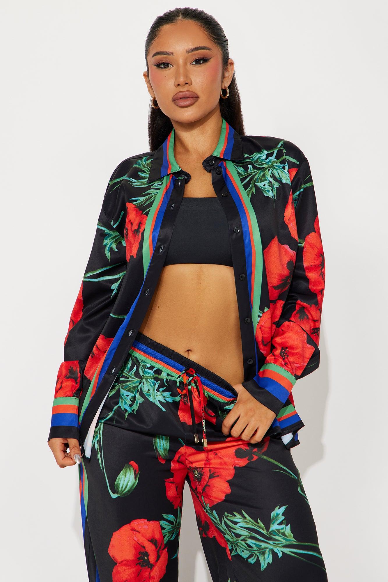 Show Out Floral Satin Pant Set - Black/combo Product Image