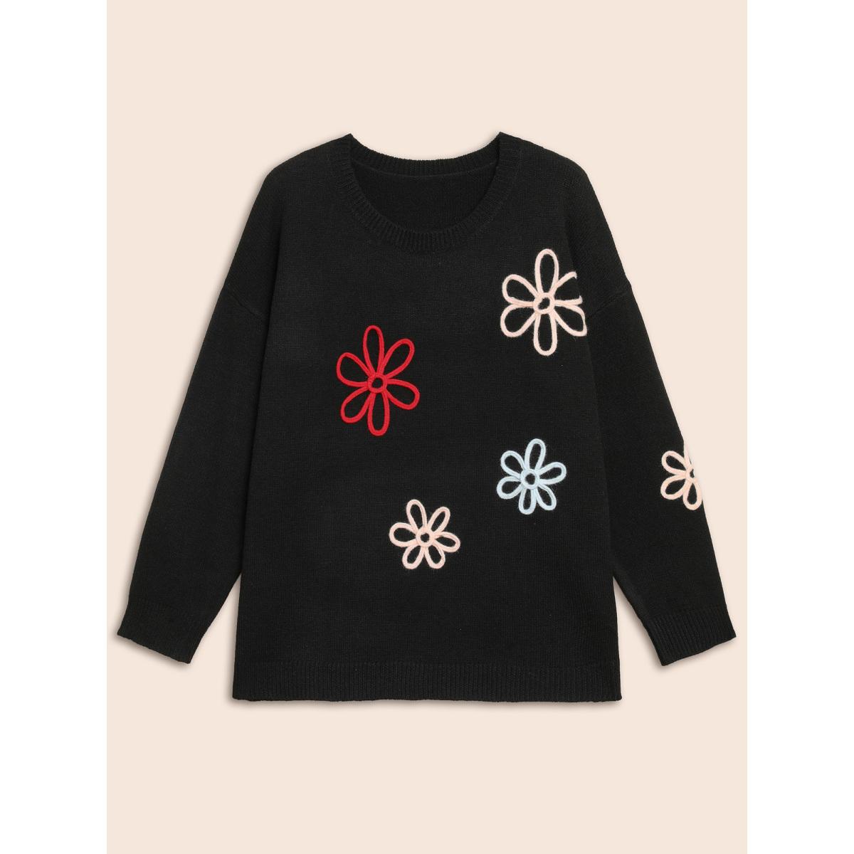 Plus Size Crochet Floral Crew Neck Pullover Black Women Casual Loose Long Sleeve Round Neck Everyday Pullovers BloomChic 18-20/2X Product Image